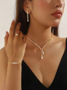 Set Perhiasan Kalung Desain Geometris 5pcs/Set, Cocok untuk Wanita dalam Perjalanan Sehari-hari, Pesta Perjamuan, Perhiasan Elegan dan Mewah - Emas - View 1