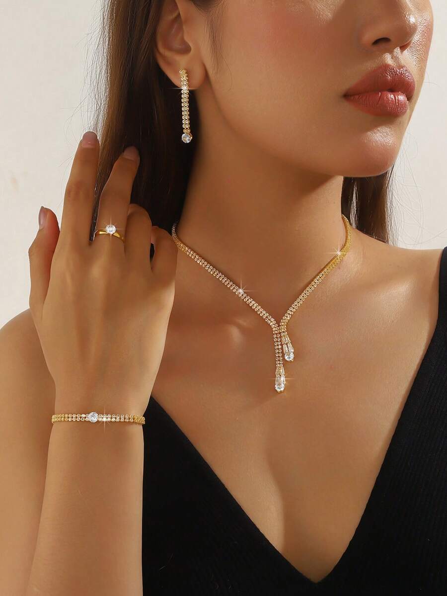 Set Perhiasan Kalung Desain Geometris 5pcs/Set, Cocok untuk Wanita dalam Perjalanan Sehari-hari, Pesta Perjamuan, Perhiasan Elegan dan Mewah - Emas - View 1