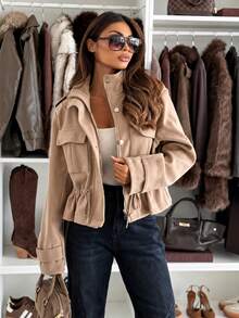 Women's Funnel Neck Short Jacket With Cinched Waist And Pockets, Suitable For Autumn/Winter Wear - Apricot - View 1