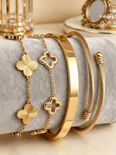 1pc/4pcs Vintage Four-Leaf Clover Layered Bracelet, 18K Gold Plated Stainless Steel Bangle, Exquisite Luxury Jewelry Set, Suitable For Daily, Wedding, Party Wear