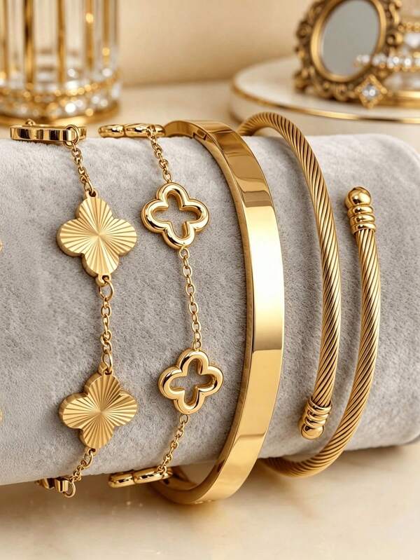 1pc/4pcs Vintage Four-Leaf Clover Layered Bracelet, 18K Gold Plated Stainless Steel Bangle, Exquisite Luxury Jewelry Set, Suitable For Daily, Wedding, Party Wear
