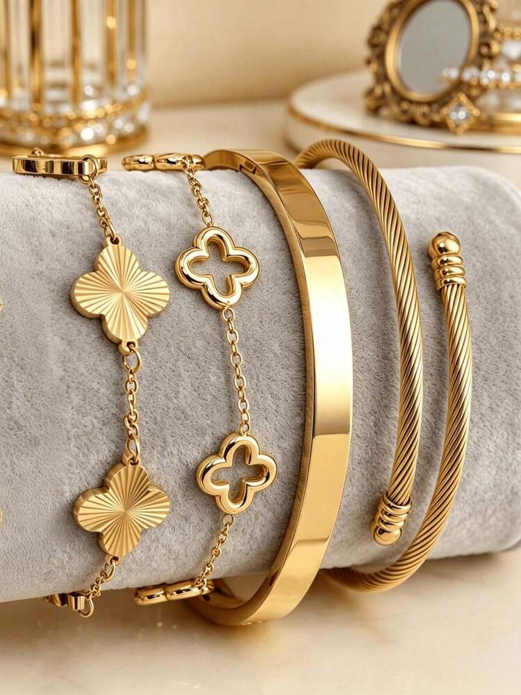 1pc/4pcs Vintage Four-Leaf Clover Layered Bracelet, 18K Gold Plated Stainless Steel Bangle, Exquisite Luxury Jewelry Set, Suitable For Daily, Wedding, Party Wear - Gold 3 - View 1