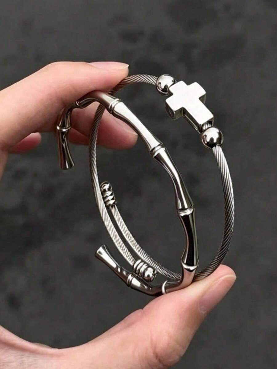 1/2pcs Men's Bracelet, Silver Titanium Steel, Bamboo Joint Cross Personalized Versatile Bracelet, Daily Commute Wear Accessory - Silver - View 1
