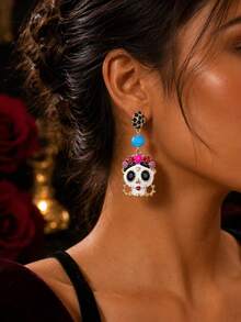Brincos Pendentes de Caveira Floral do Dia dos Mortos para Mulheres, Brincos de Gota de Caveira de Açúcar com Contas Azuis e Strass, Joias de Declaração Gótica de Halloween - Multicolorido - Visão 2