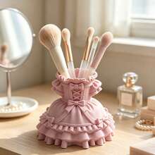 1pc 3D Lolita Princess Dress Makeup Brush Holder, Ruffle Bow Hem Makeup Brush Storage Cup, Cute Aesthetic Desktop Vanity Organizer, Multi-Color Room Decor Gift For Girls - Multicolor - View 7