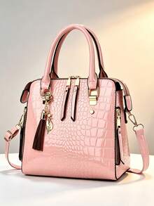 Tas Tangan Wanita Motif Buaya Mengkilap Kulit Paten Hijau dengan Pegangan Atas, Tas Selempang Bahu yang Dapat Dilepas dengan Liontin Rumbai - Hijau - View 8