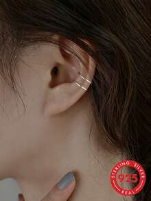 1 Pair S925 Sterling Silver Minimalist Cold Style Double Layer Ear Cuffs For Women, Niche Exquisite Cross Line Cartilage Ear Clips, Daily Commute Date Personalized Matching High-End Accessory Gift For Girlfriend Best Friend Earrings - Geometry - View 8