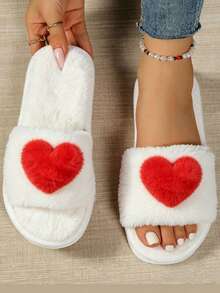 New Autumn/Winter Women's Low Vamp Flat Slippers, Plush Flat-Bottom Daily Home Slippers With Heart Design And Single Strap - White - View 1