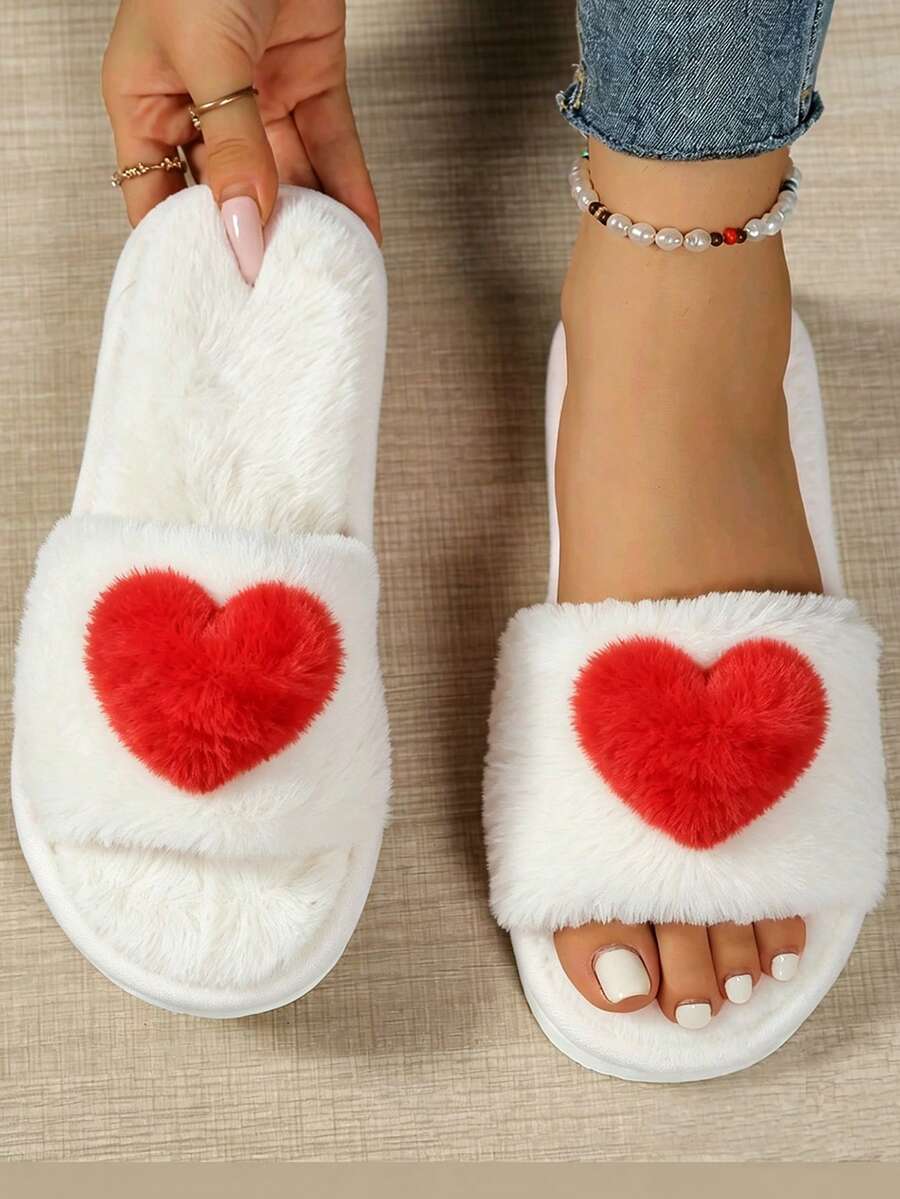 New Autumn/Winter Women's Low Vamp Flat Slippers, Plush Flat-Bottom Daily Home Slippers With Heart Design And Single Strap - White - View 1