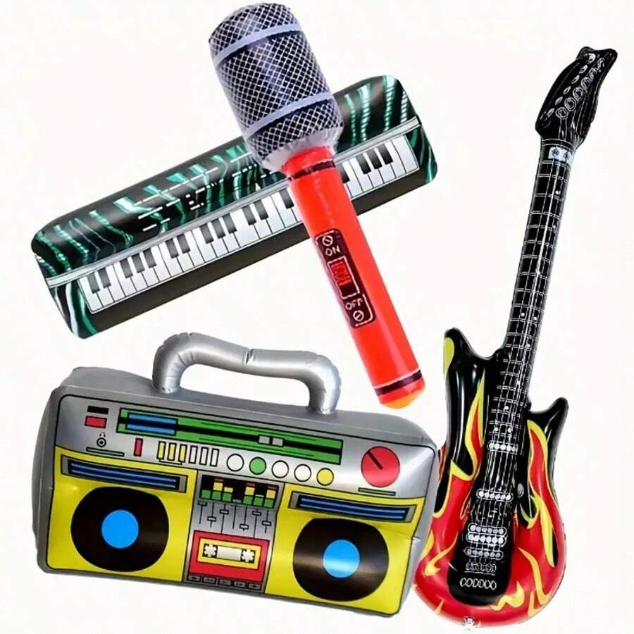 1/5/12pcs Inflatable Musical Instrument Party Props Rock Star Set, Inflatable Guitar, Inflatable Saxophone, Inflatable Bass, Inflatable Lute, Inflatable Microphone, Inflatable Flute, Inflatable Piano, Suitable For 80s, 90s Theme Party, Photo Decoration - A - View 1
