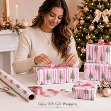 17in*9.8ft Pink Christmas Wrapping Paper Roll, Vintage Christmas Tree Gift Wrapping Paper With Bow Ribbon And Striped Pattern, Holiday Wrapping Paper For Christmas Gifts, Party Decor And DIY Crafts - 9.8FT - View 8