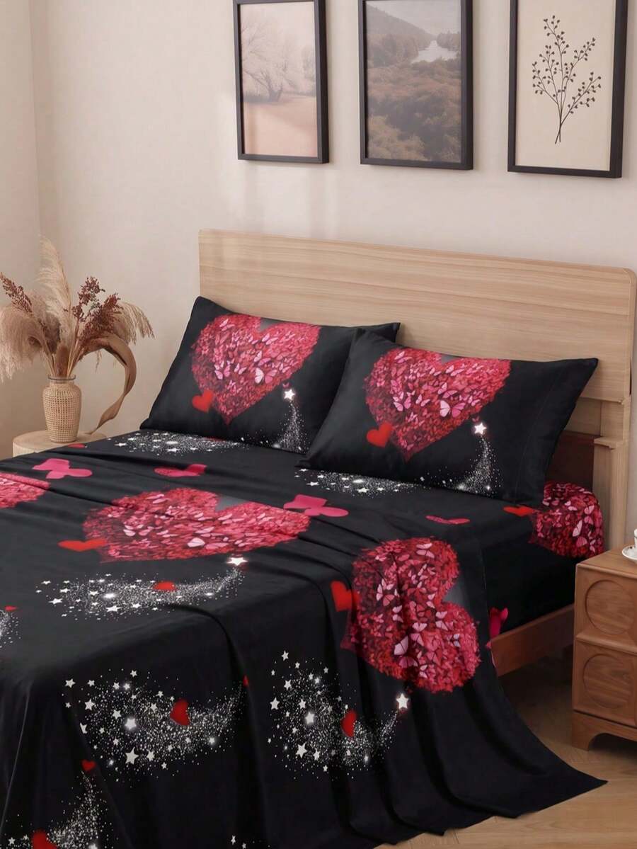 4-Piece Black Rose Heart Pattern Bedding Set, Easy Care Soft Bedding, Floral Fitted Sheet Set (1 Flat Sheet + 1 Fitted Sheet + 2 Pillowcases), Deep Pocket Fits Up To 11.8 Inches, Soft And Breathable, Suitable For Back To School Dorm Bedding - Black - View 1