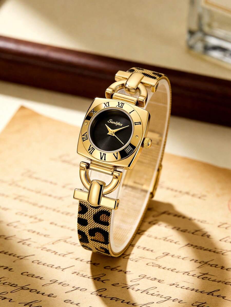 1pc Ladies' Small Square Retro Quartz Watch, Gold Alloy Case, Roman Numeral Bezel, Horseshoe Shaped Decoration, Leopard Print Metal Mesh Strap - Black - View 1