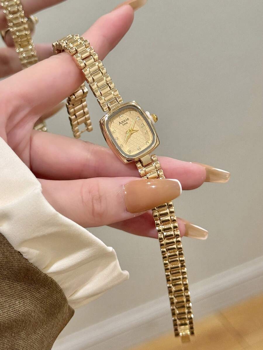 1件女款時尚正方形金色石英手錶,極簡金色紋理錶盤搭配阿拉伯數字刻度,適合日常佩戴 - 金色 - 查看 1