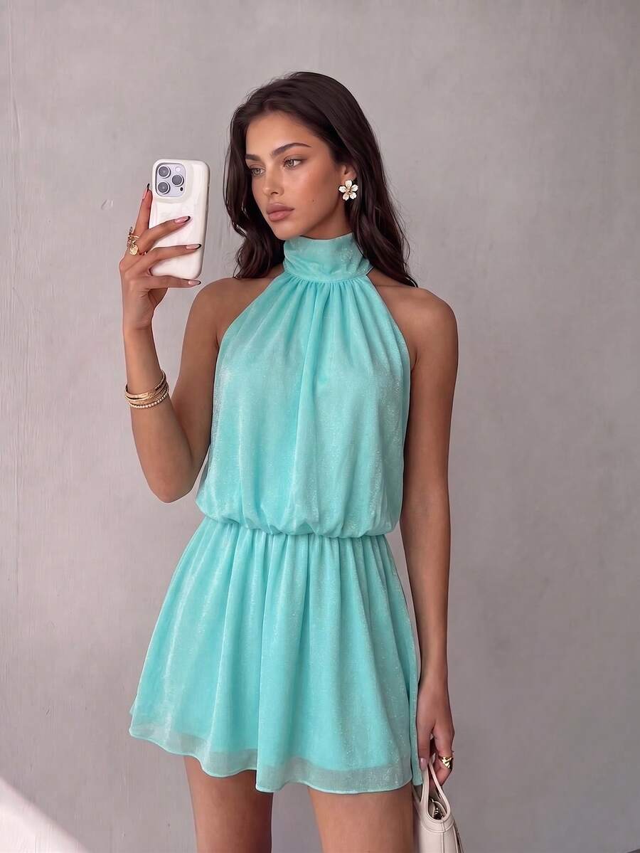 Casual Fashion Green Halter Backless Mini Dress, Adjustable Back Tie, Flared A-Line Skirt Wedding Party Fall - Mint Green - View 1