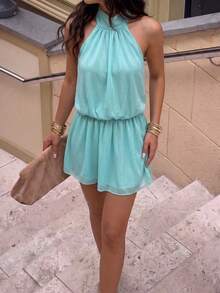 Casual Fashion Green Halter Backless Mini Dress, Adjustable Back Tie, Flared A-Line Skirt Wedding Party Fall - Mint Green - View 5