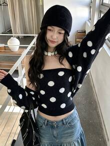 秋冬極簡波點針織抹胸上衣與慵懶長袖開襟衫女款兩件套 - 黑色 - 查看 1