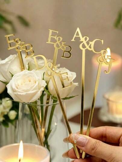 10/30/50/100 piezas Palitos agitadores personalizados con letra para boda | Decoración de fiesta, palitos agitadores de acrílico espejo dorado con letra personalizada