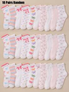 1/10/20 Pairs Random Color Mid-Calf Socks, Sweet Bow Knot Floral Polka Dot Pattern, Soft And Comfortable, Pink, Suitable For Girls And Little Girls Autumn/Winter Daily Wear - Multicolor - View 5