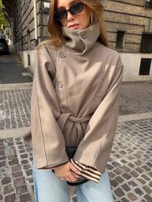 Jaket Wol Berkerah Tegak dengan Desain Vintage dan Sabuk, Pakaian Kasual untuk Bandara, Gaya Kampus - Khaki - View 4
