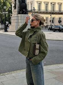 Women Fall Fashion Casual Vintage Green Double Breasted Stand Collar Long Sleeve Cropped Jacket For Office Going Out Vacation - Army Green - View 2