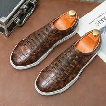 Men's Lace-Up Brown Crocodile Embossed Leather Sneakers With Clean Toe Shape, Well-Fitted Laces, Reinforced Perforations, Non-Slip Sole, Even Stitching, Suitable For Suits, Weddings, Banquets, Casual Wear - Brown - View 7