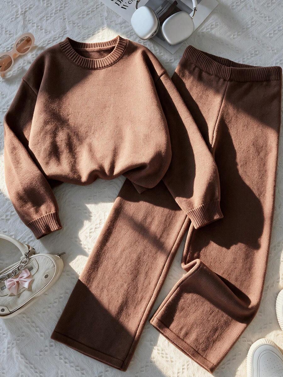 Autumn/Winter New Women's Big Tween Girl Solid Color Drop Shoulder Knit Pullover Sweater, Paired With Same Color Drape Straight Leg Pants, Casual Home & Outdoor Versatile 2 Pieces Set - Brown - View 1