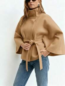 Women's Autumn/Winter Fashion Elegant Solid Color Cape Coat With Stand Collar And Waist Belt, Wool Blend Fall - Khaki - View 4