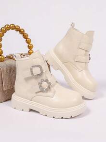 1 Pair Kids Beige Soft PU Shiny Rhinestone Buckle Double Strap Hook And Loop Thick Sole Boots, Suitable For 3-14 Years Old Primary And Middle School Students, All Seasons Commuting, Holiday Party, Back To School Campus Outfit - Beige - View 6