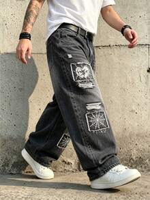 Men's Dark Grey Acid Wash Spider Web Broken Heart Patch Embroidered Distressed Ripped Loose Wide Leg Jeans - Dark Grey - View 4