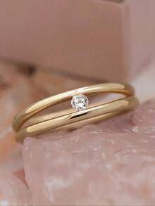 18K Gold Plated Double Ring Rhinestone Studded Gold Ring, French Style Ring, Women's Luxury Gift Jewelry - Gold - View 7