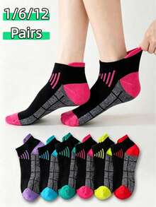 1/6/12 Pares de Meias Curtas de Corrida ao Ar Livre para Mulheres - Meias de Barco Respiráveis em Malha, Design com Aba Esportiva + Suporte de Arco, Meias de Compressão para Mulheres, Meias Esportivas Finas de Verão com Listras em Blocos de Cores, Meias de Corrida Acolchoadas de Cano Baixo, Presente para Academia - Multicolorido - Visão 3