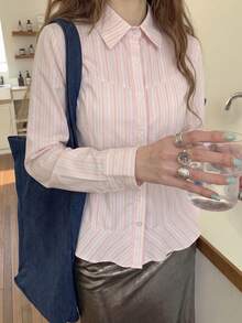 Autumn New Korean Style Square Shoulder Long Sleeve Striped College Style Single-Breasted Blouse - Pink - View 2