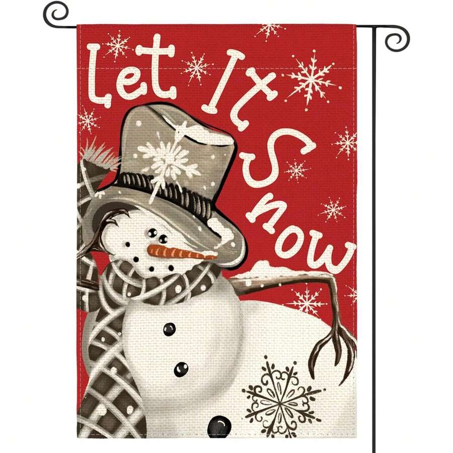 1pc Christmas Garden Flag, Red Background Snowman With Plaid Scarf Let It Snow Snowflake Print Yard Flag, Winter Outdoor Home Decor - Red Plaid Scarf With Snowman - View 1