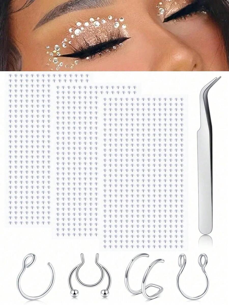 TOKRING Acrylic Plastic Rhinestone Sticker DIY Lip Stud Nose Stud Cartilage Earring Stud With 1pc Tweezer With 4 Fake Nose Rings Pack Set Fake Piercing - Silver - View 1
