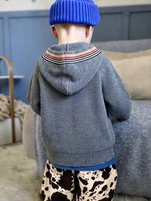 Boys' Preppy Colorblock Striped Hooded Cardigan Sweater, Knit, Suitable For School, Spring, Autumn, Winter - Grey - View 2