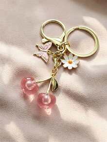 1pc Women's New Shiny Artificial Cherry Key Chain Pendant Accessory, Fashionable Exquisite 3D Fruit Butterfly Flower Charm For Bag, Phone Chain, Car Key (Handmade With Randomly Positioned Cherry Bubbles) - Pink - View 3