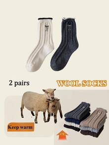 1/2pairs Of Bowknot Embroidery Pattern Wool Socks Autumn And Winter Thickened Medium Tube Socks, Fried Dough Twists Pattern Women's Socks - Multicolor - View 12