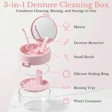 3-In-1 Portable Retainer Case With Built-In Mirror And Cleaning Brush, Double-Layer Soakable Denture Storage Box With Drain Basket, Orthodontic Storage Box Compatible With Clear Aligners, Wire Retainers, Dental Trays, Suitable For Travel And Bathroom - A - View 3