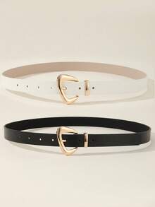 2pcs Set Gold Buckle Leather Belt Women's Waist Belt, Versatile For Dresses And Casual Pants, Suitable For Daily Wear, PU Leather 2.3CM Wide - Black and White - View 3