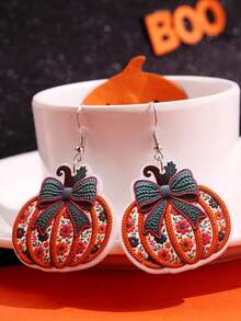 1 Pair Personalized Sweet & Cool Halloween Earrings, Woven Floral Bow Pumpkin Print Acrylic Dangle Earrings, Eye-Catching Quirky Everyday Women's Accessories - Multicolor - View 4