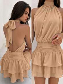 Elegant Fashion Halter Neck Backless Layered Ruffle Mini Dress Wedding Party Fall - Khaki - View 8