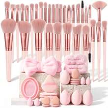 56Pcs Wine Red All In One Makeup Tools Set , 32Pcs Makeup Brushes , Bow Hairband , Wrist Bands , Silicone Cleaning Bowl , Triangle Powder Puffs , Makeup Sponges , Mini Makeup Sponges , Finger Powder Puffs , Practical Daily Full‑Face Makeup Kit - Multicolor - View 15