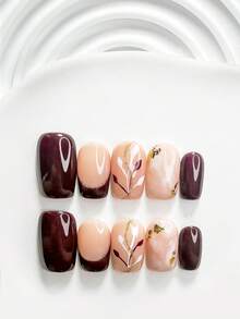 10片成熟風手工穿戴甲 Polygel 凝膠美甲套組，金箔、紅白色指甲油，時尚風格，附美甲工具，3種尺寸可選，方形、短方形、杏仁形，適合派對、跳舞、日常配戴（手工細節可能有所不同） - 彩色 - 查看 12