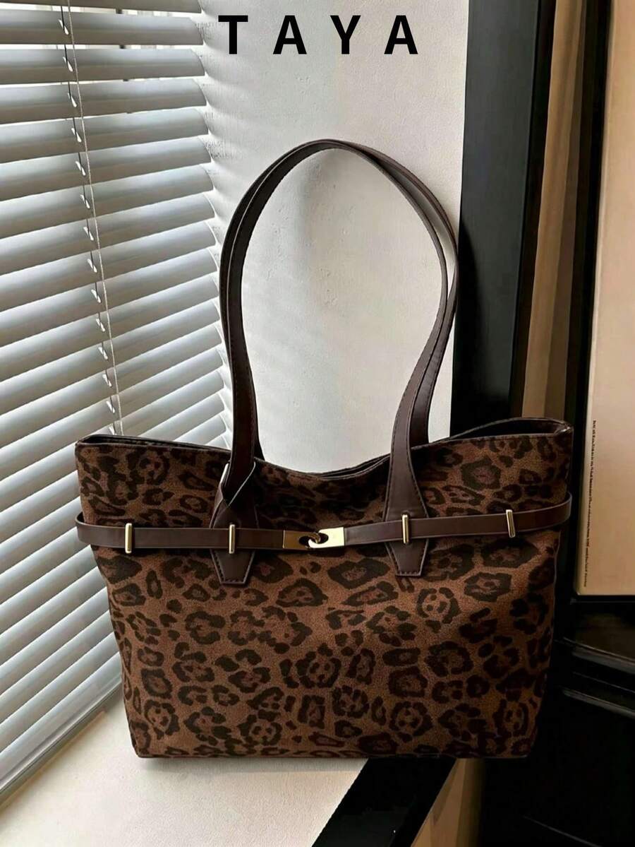Tas Tote Wanita Motif Leopard Vintage, Dekorasi Gesper Logam Emas, Tas Tangan PU Kapasitas Besar, Cocok Untuk Kerja, Perjalanan, dan Perjalanan Sehari-hari. - Kopi - View 1