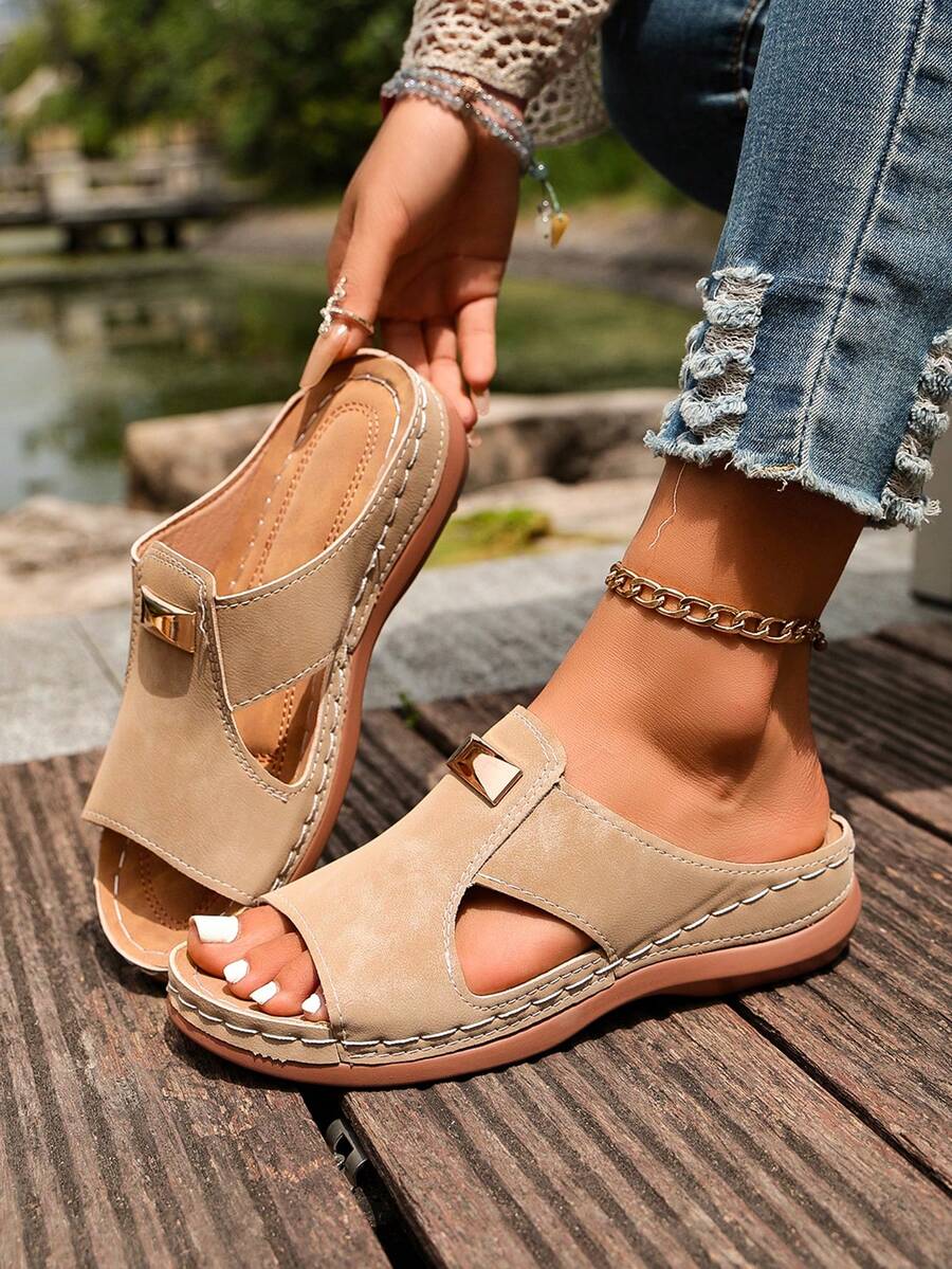Women's Wedge One-Strap Sandals, Apricot Open Toe Thick Sole Slippers, Metal Buckle Decor, Suitable For Summer Beach Casual Wear - Apricot - View 1