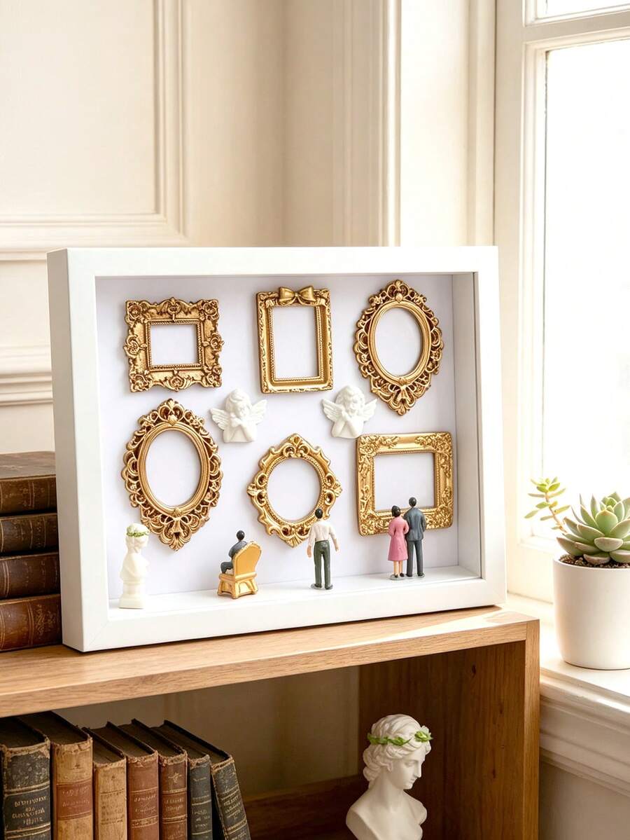 1 Set 6-Inch DIY Mini Museum Shadow Box, 3D Shadow Box Set With Gold Mini Photo Frame And Figurines, Personalized Memory Display, Unique Holiday, Anniversary, Graduation And Special Occasion Commemorative Decoration - Multicolor - View 1