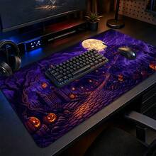 1pc Halloween Purple Haunted House Pumpkin And Full Moon Print XL Gaming Mouse Pad, Gothic Night Keyboard Desk Mat, Spooky Holiday Desk Decor - View 10