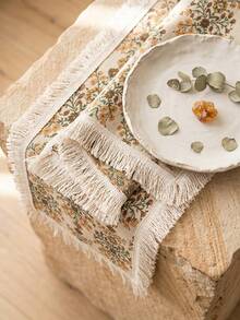 1pc Golden Sunflower Pattern Table Runner, Vintage Country Style Woven Fabric, Long Rectangular Shape With White Tassel Edge Detail, Decorative Functional Table Runner For Autumn Dining Table Decor And Country Home Decor - Yellow - View 3