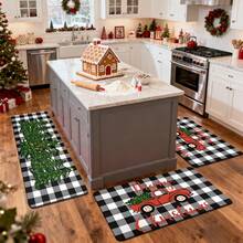 1/2/3pcs Christmas Theme Kitchen Rugs, Flannel Kitchen Rugs With Christmas Tree Pattern And Black & White Checkered Background, Comfortable Soft Absorbent Non-Slip Machine Washable With Anti-Slip Backing, Multi-Functional Floor Mat Suitable For Entrance, Living Room, Bedroom, Kitchen, Dining Room, Bathroom, Patio, Hallway, Home And Holiday Decor - Multicolor - View 6